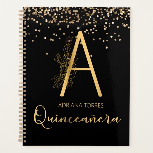 Quinceanera Black Gold A Monogram Carnet Planner (Devant)
