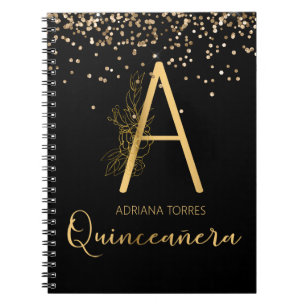 Quinceanera Black Gold Floral A Monogramme Carnet