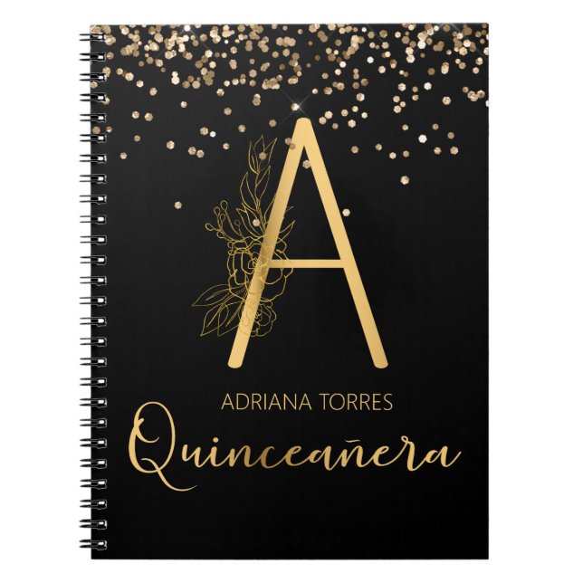 Quinceanera Black Gold Floral A Monogramme Carnet (Devant)