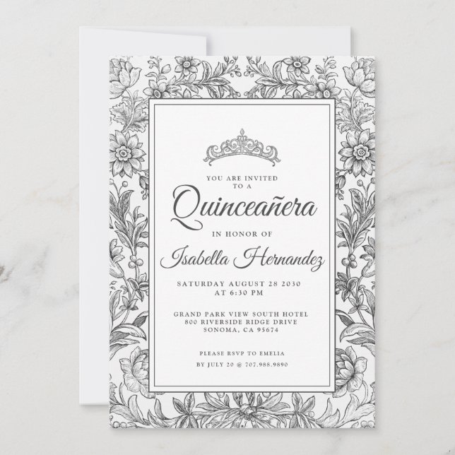 Quinceanera Black White Floral Tiara Invitation (Devant)