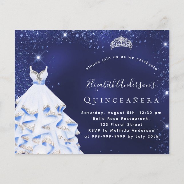 Quinceanera bleu argent robe budget invitation (Devant)