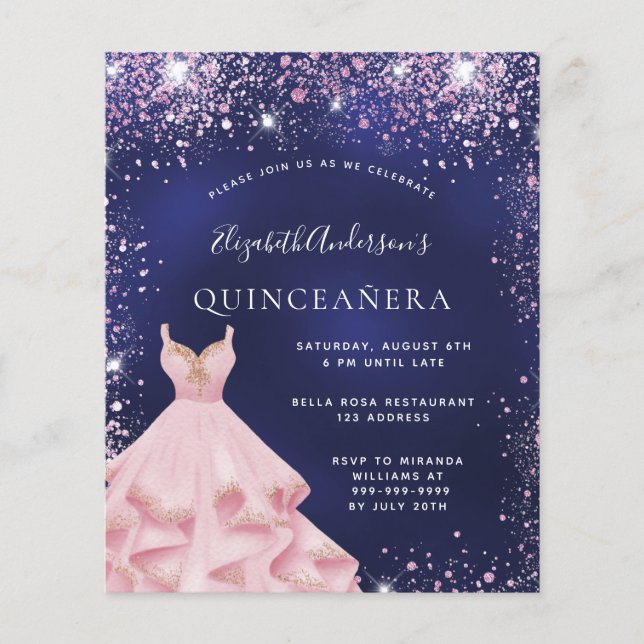 Quinceanera bleu marine robe rose invitation (Devant)
