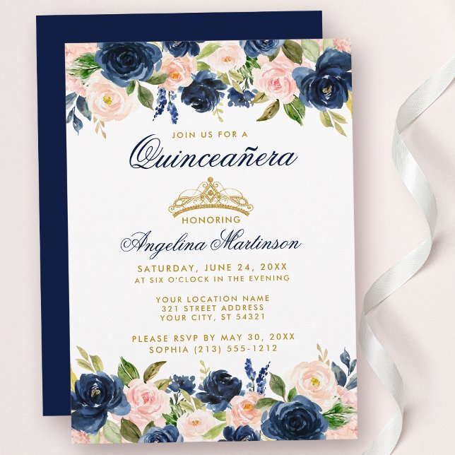 Quinceanera bleu rose Invitation Floral Couronne o (Customize to change text color, style, add text & photos to back or change color of back of card.)