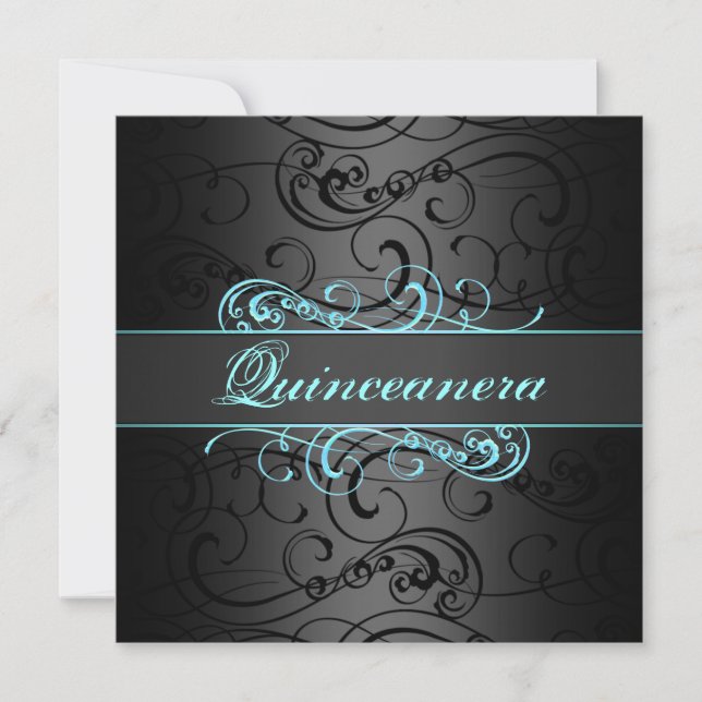 Quinceanera Blue & Black Swirl Invitation Annivers (Devant)