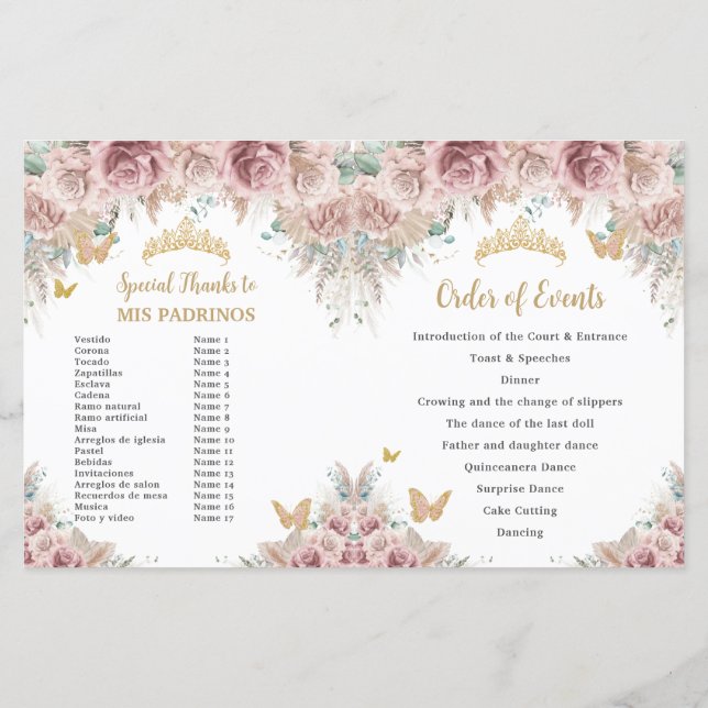 Quinceañera Blush Floral Pampas Padrinos Programme (Dos)