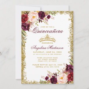 Quinceanera Bourgogne Floral Invitation de la Cour