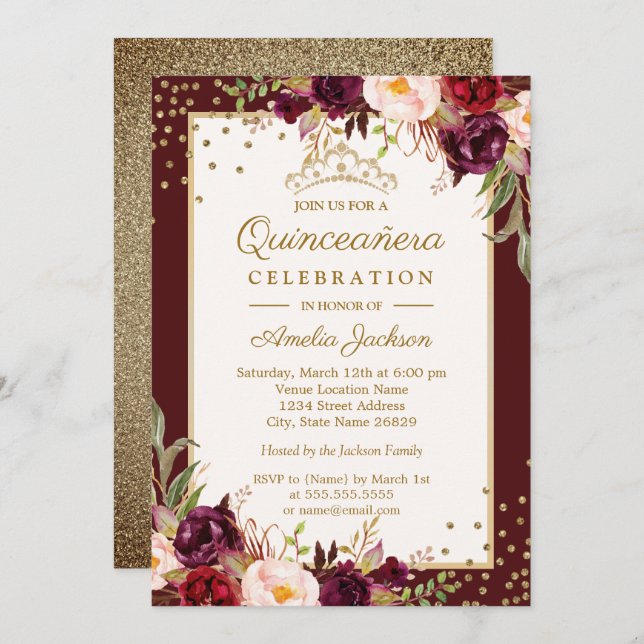 Quinceanera Bourgogne Invitation floral or étincel (Devant / Derrière)
