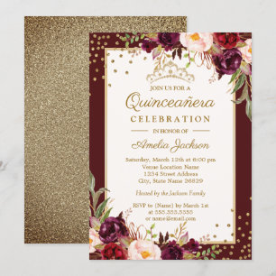 Quinceanera Bourgogne Invitation floral or étincel