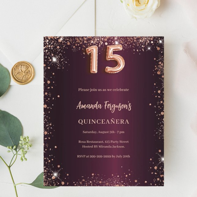 Quinceanera Bourgogne invitation rose d'or (Créateur téléchargé)