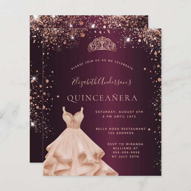 Quinceanera Bourgogne rose invitation robe or (Devant / Derrière)