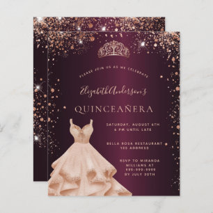 Quinceanera Bourgogne rose invitation robe or