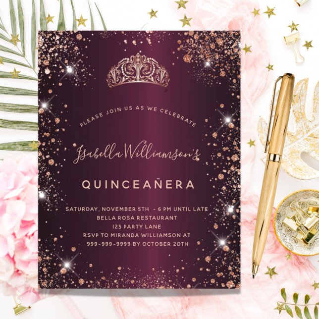 Quinceanera Bourgogne rose invitation tiara or (Créateur téléchargé)