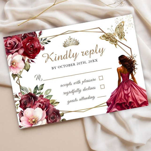 Quinceañera Burgundy Blush Floral Princess Rsvp (Créateur téléchargé)