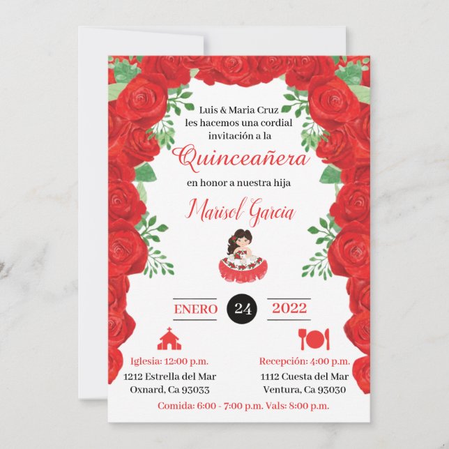Quinceanera Charra Invitations, Red Roses charra (Devant)