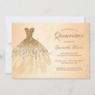 Quinceanera Chic Gold Dress Coral Party Invitation