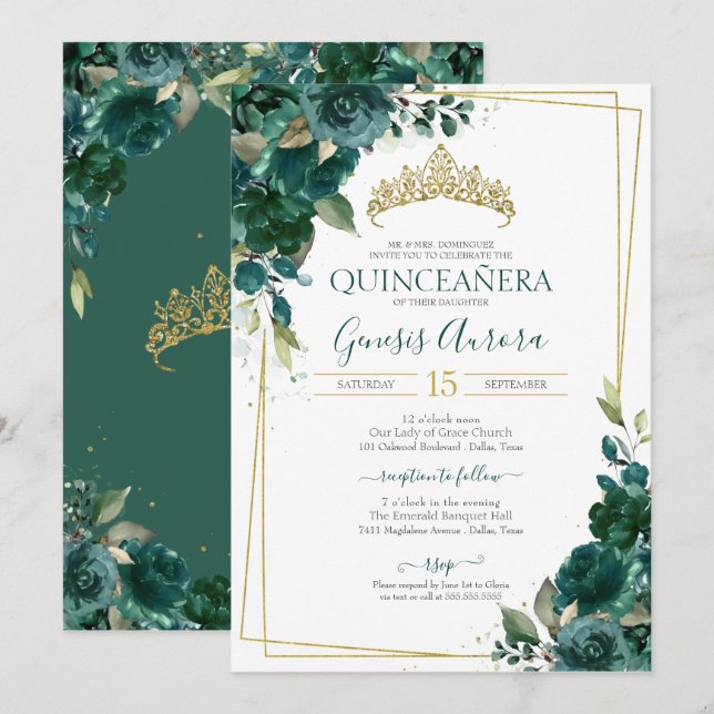 Quinceañera Emerald Green Floral Invitation (Devant / Derrière)