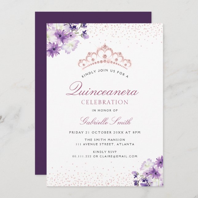 Quinceanera fleurie violette invitation (Devant / Derrière)