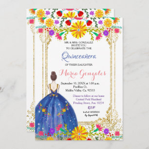 Quinceanera Fleurs colorées Gold Invitation