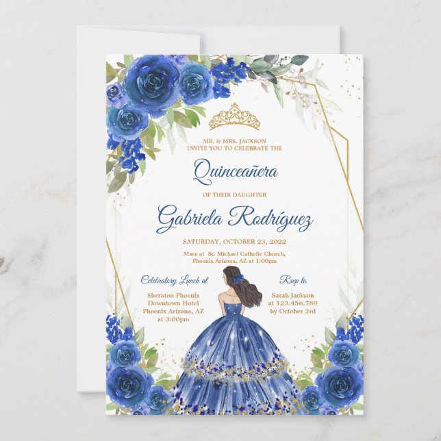 Quinceanera Floral Blue Gold Invitation (Devant)