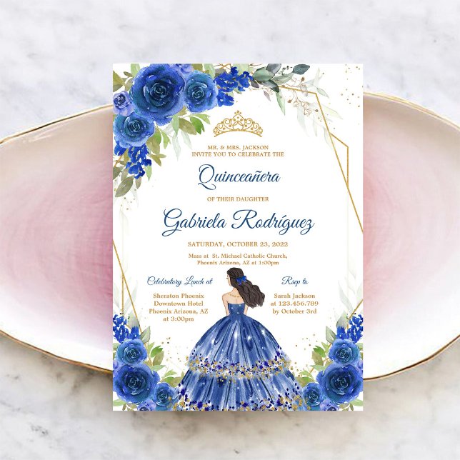 Quinceanera Floral Blue Gold Invitation (Créateur téléchargé)
