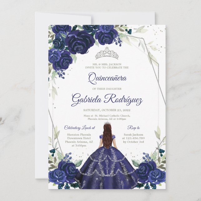 Quinceanera Floral Blue Silver Invitation (Devant)