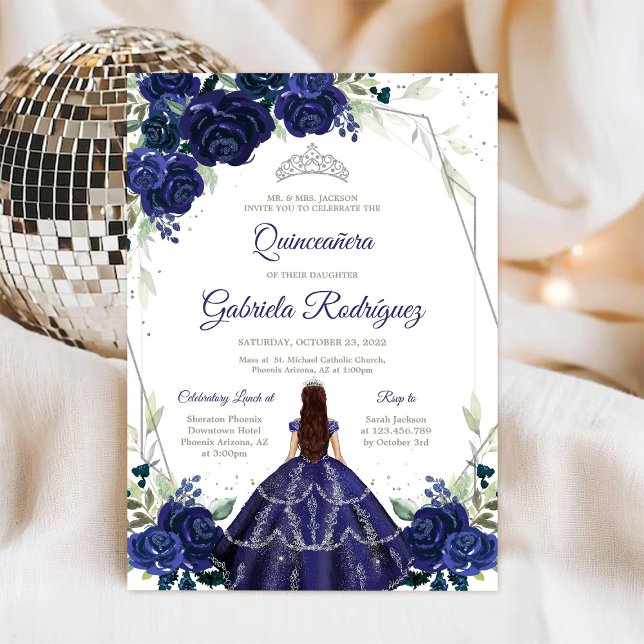 Quinceanera Floral Blue Silver Invitation (Créateur téléchargé)