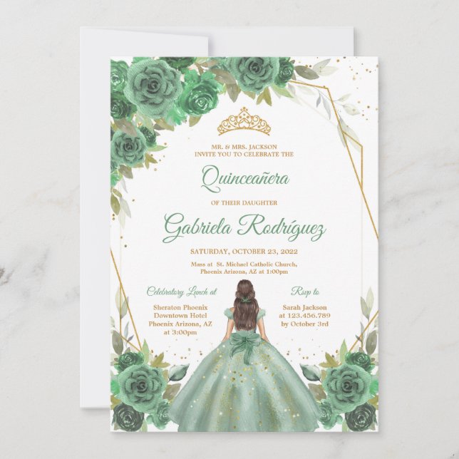 Quinceanera Floral Green Gold Invitation (Devant)