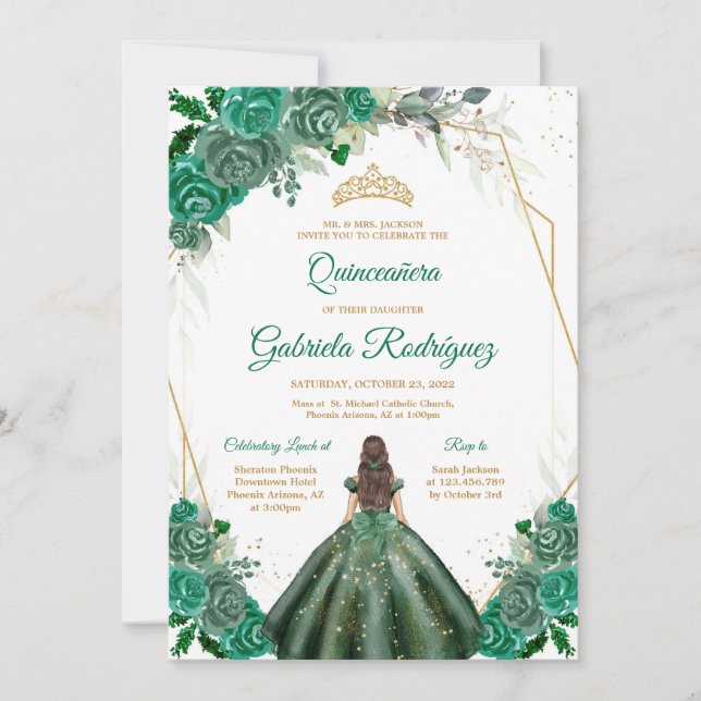 Quinceanera Floral Green Gold Invitation (Devant)