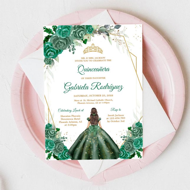 Quinceanera Floral Green Gold Invitation (Créateur téléchargé)