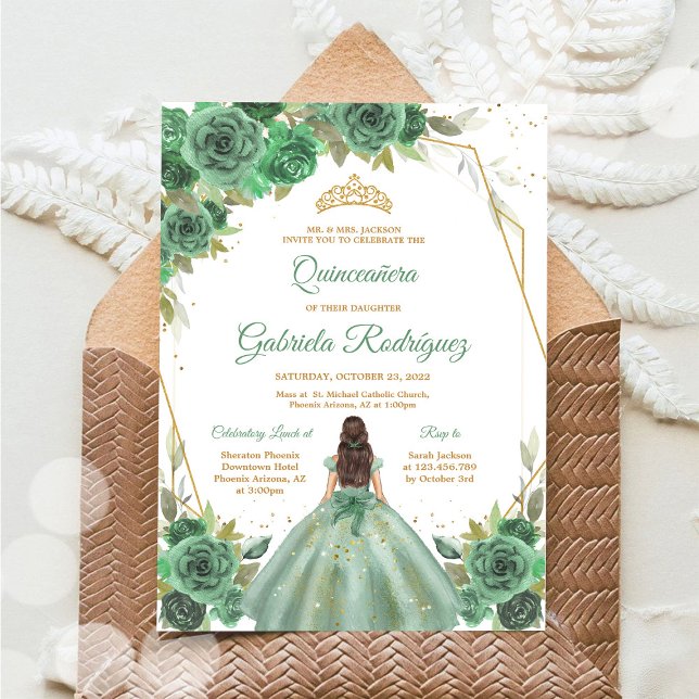 Quinceanera Floral Green Gold Invitation (Créateur téléchargé)