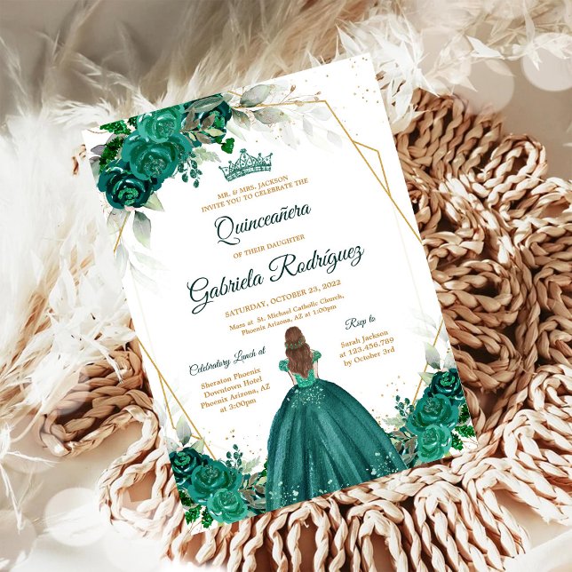 Quinceanera Floral Green Gold Invitation (Créateur téléchargé)