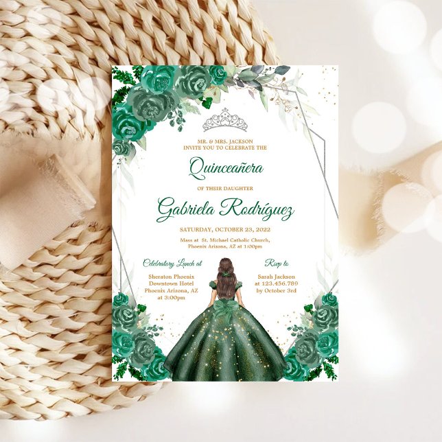 Quinceanera Floral Green Silver Invitation (Créateur téléchargé)