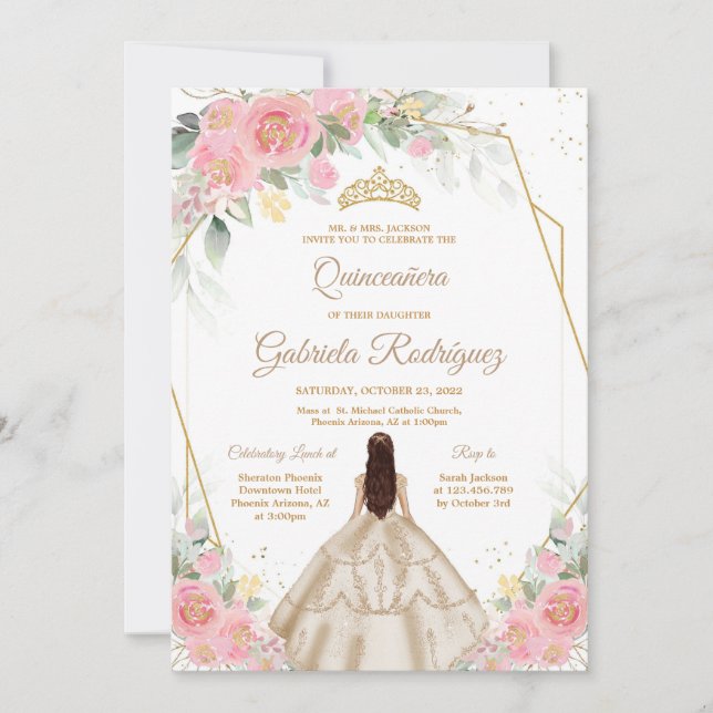 Quinceanera Floral Pink Gold Invitation (Devant)