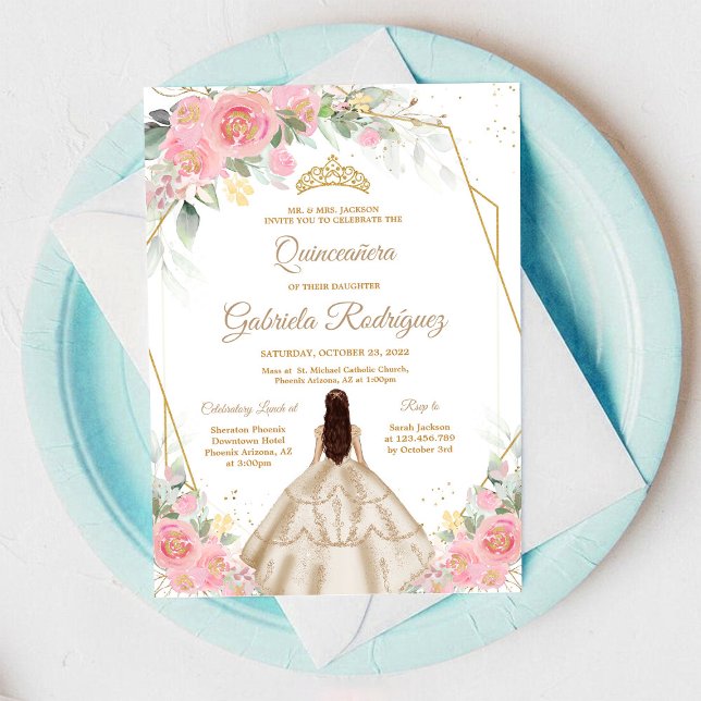 Quinceanera Floral Pink Gold Invitation (Créateur téléchargé)