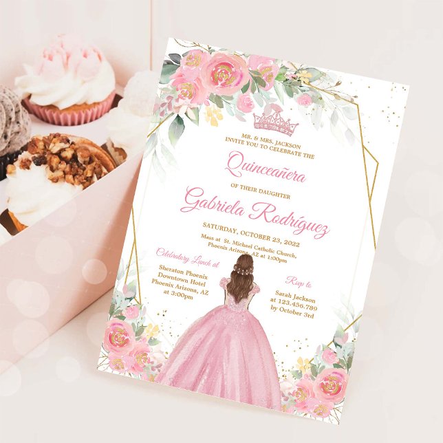 Quinceanera Floral Pink Gold Invitation (Créateur téléchargé)