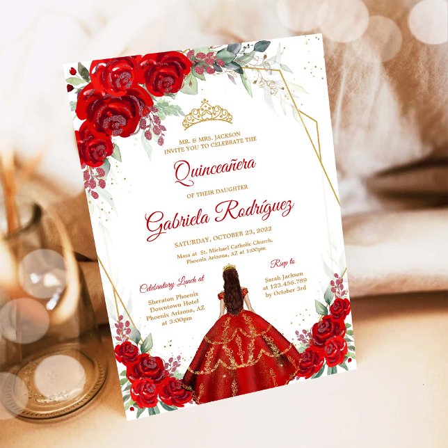 Quinceanera Floral Red Gold Invitation (Créateur téléchargé)