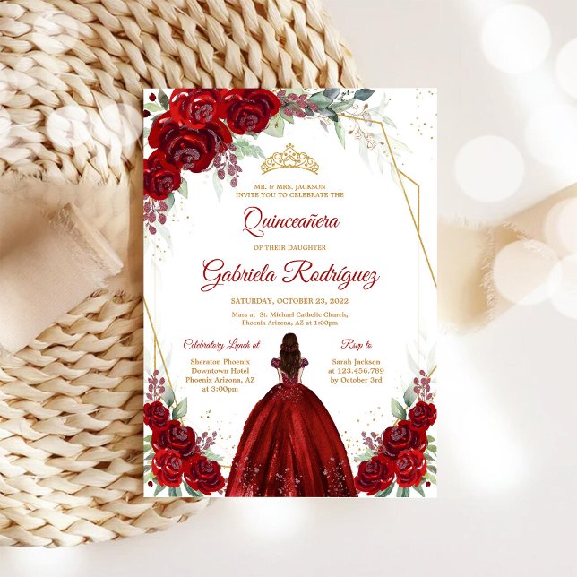 Quinceanera Floral Red Rose Gold Invitation (Créateur téléchargé)