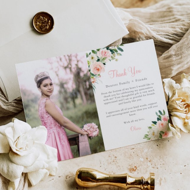 Quinceañera Floral rose Carte de remerciements 3 P (Créateur téléchargé)