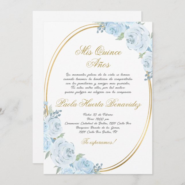 Quinceanera florale bleue invitation en espagnol (Devant / Derrière)