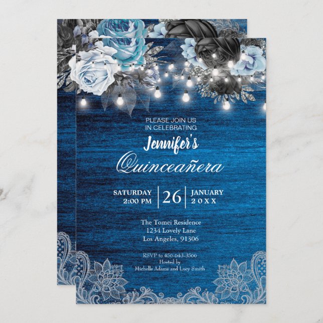 Quinceanera Florale Bleue Rustique Invitation (Devant / Derrière)