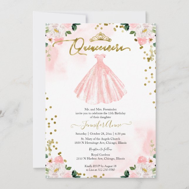 Quinceanera florale Blush Invitation bilingue (Devant)
