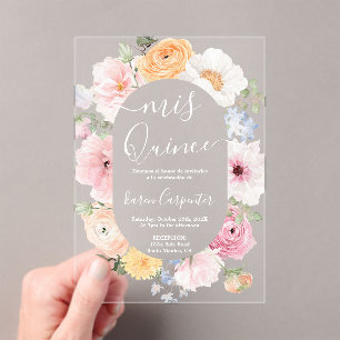 Quinceanera Florale Rose Invitation Acrylique