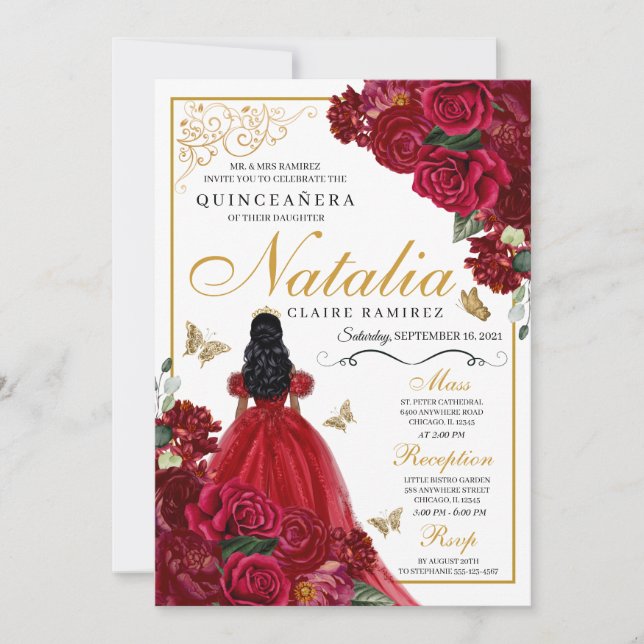 Quinceanera Florale Rouge & Or Invitation Annivers (Devant)