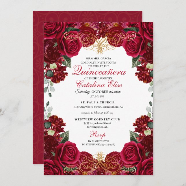 Quinceanera Florale Rouge & Or Invitation Annivers (Devant / Derrière)