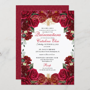 Quinceanera Florale Rouge & Or Invitation Annivers