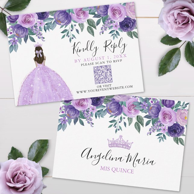 Quinceanera florale violette QR Code RSVP (Purple Floral Quinceanera QR Code RSVP)