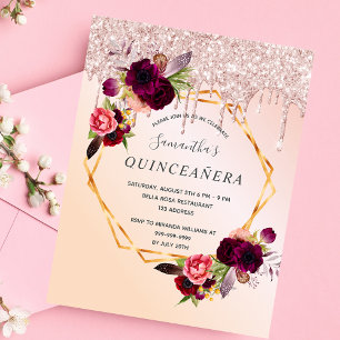 Quinceanera florals rose gold glitter invitation