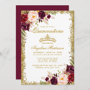 Quinceanera Gold Bourgogne Invitation Floral de la
