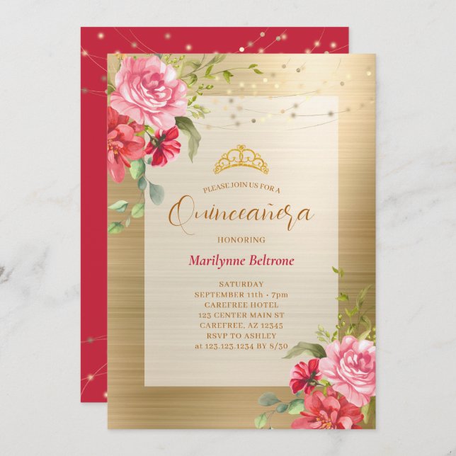 Quinceañera Gold Floral Crown Invitation (Devant / Derrière)