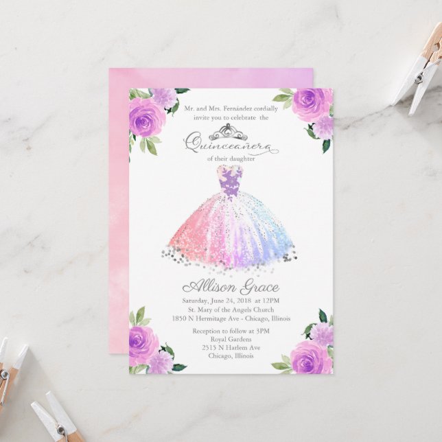 Quinceanera Invitation Argent Coloré Floral Gown (Devant/Arrière en situation)